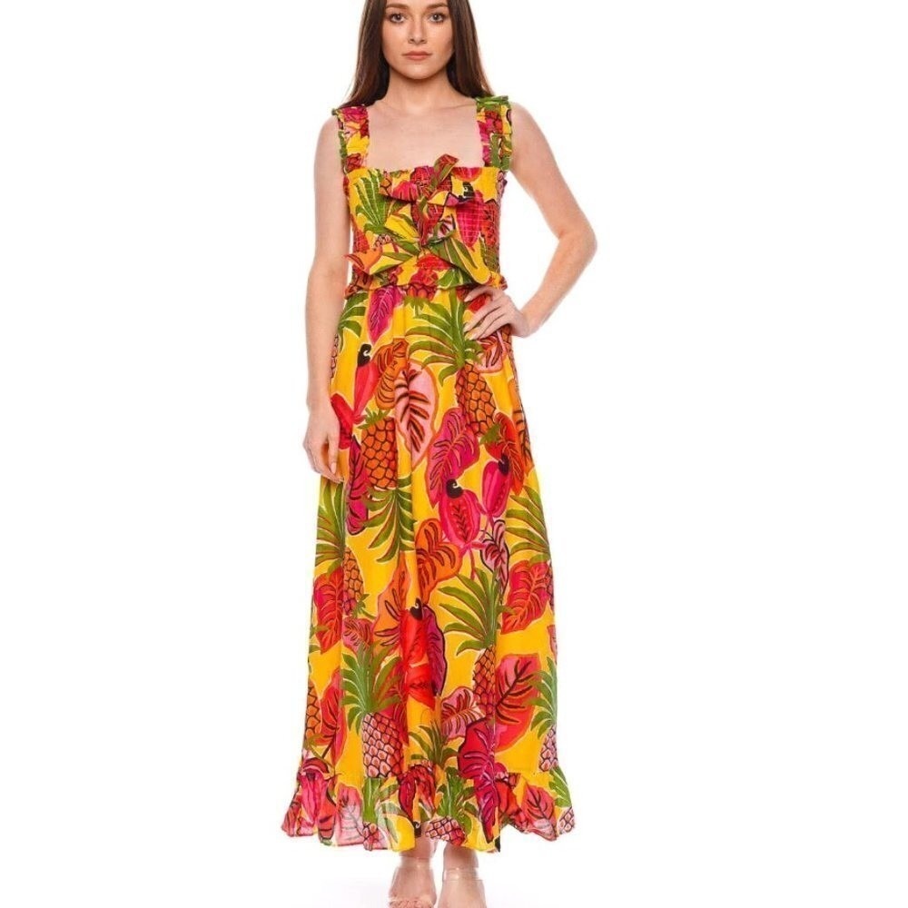 Farm Rio Yellow Tropical Pineapple Parrot Smocked Maxi Dress | Size Small - Picture 14 of 16